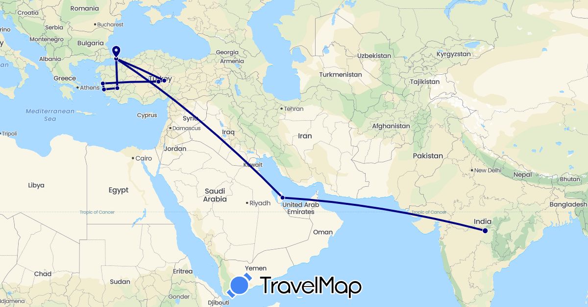 TravelMap itinerary: driving in India, Qatar, Turkey (Asia)